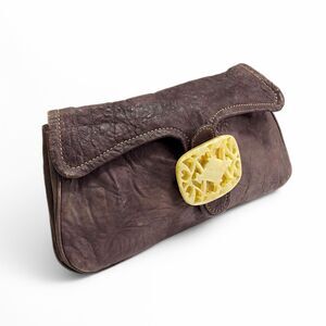 Tracy Reese Womens Clutch Bag Romantic Boho Luxe Brown Faux Leather Carved Jade